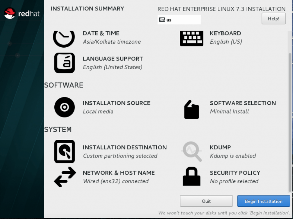 Installation summary window after configurations