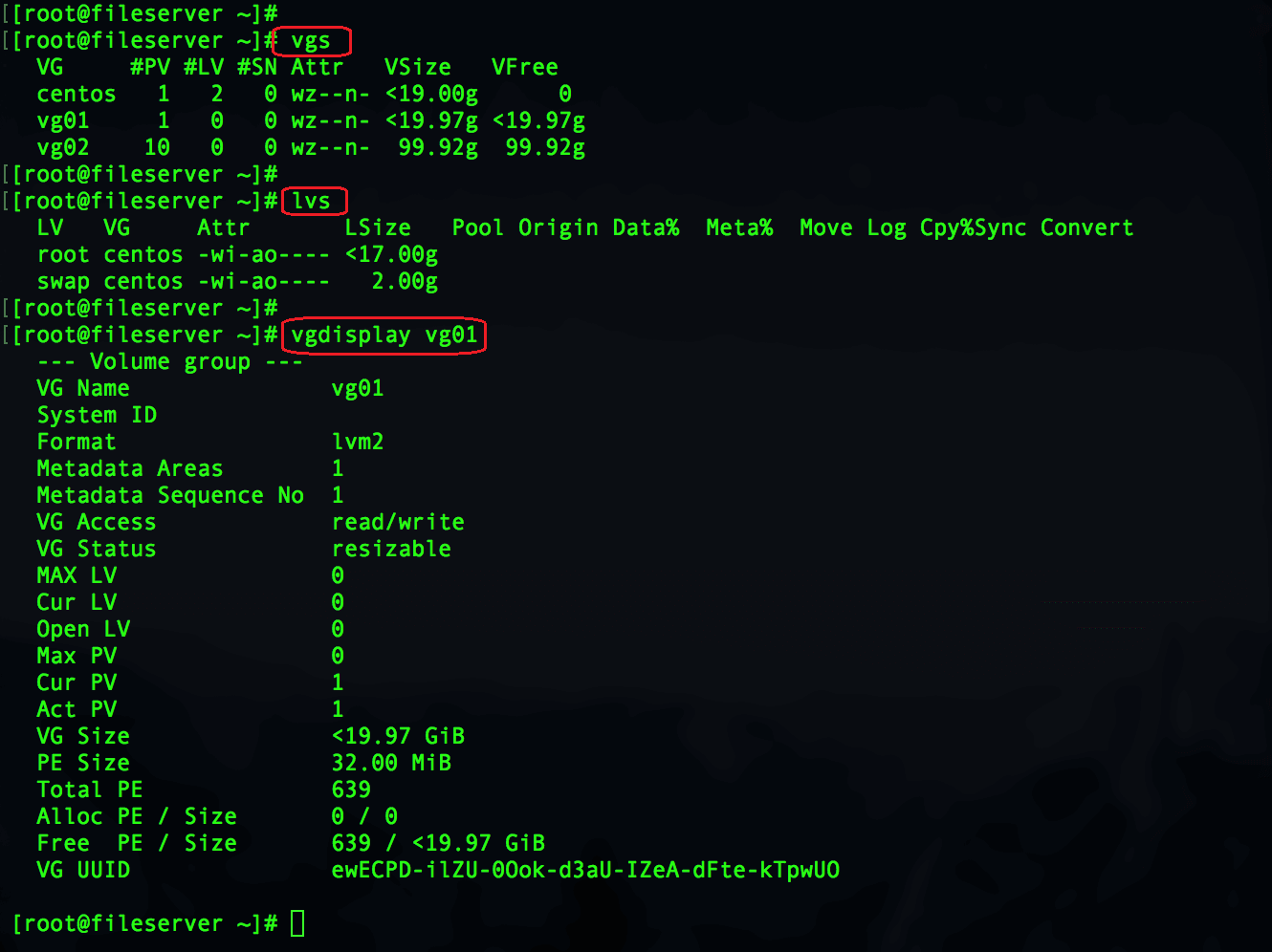 Verify the volume group size and logical volumes