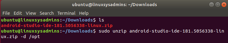 Unzip the downloaded android studio zip
