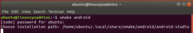 umake android studio and specify the path