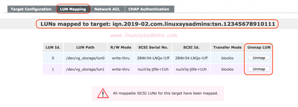 Mapped LUN's are listed under target