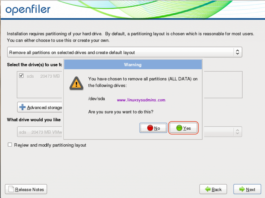 Click "Yes" to remove all existing partitions