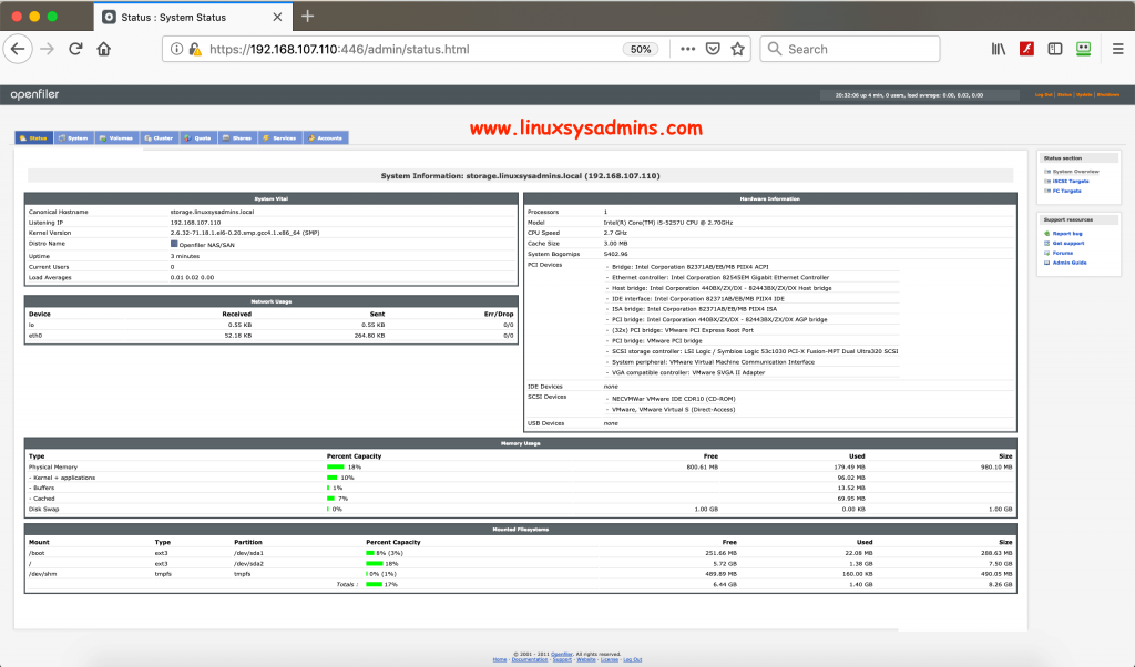 Openfiler System information