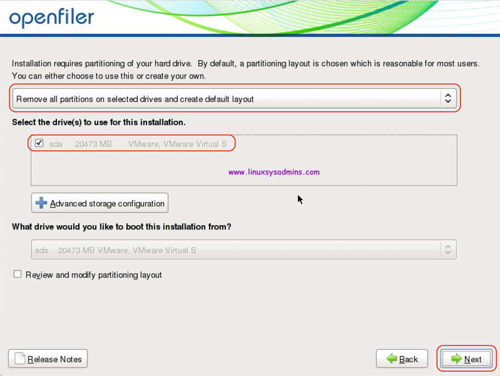 Partition the disk for OS installation