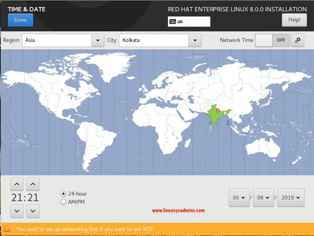 Change the timezone in RHEL 8 Installation