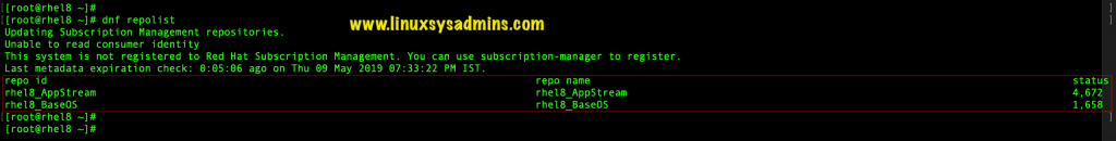 Listing the created Yum repo in rhel 8