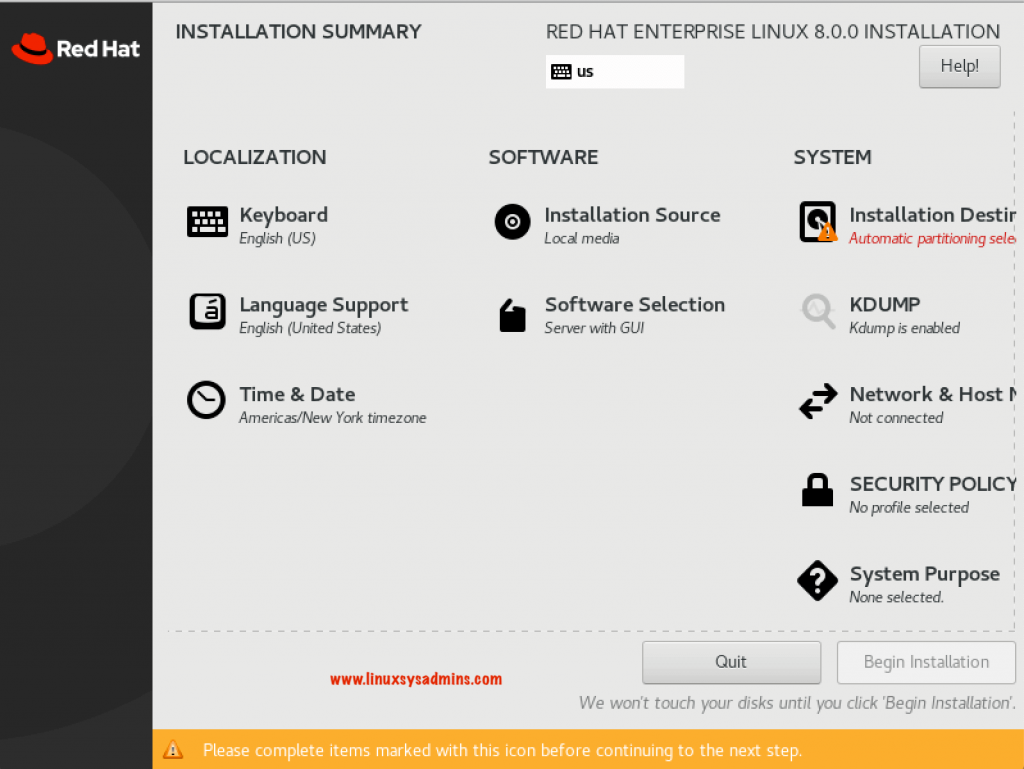 RHEL 8 Installation Summary Screen