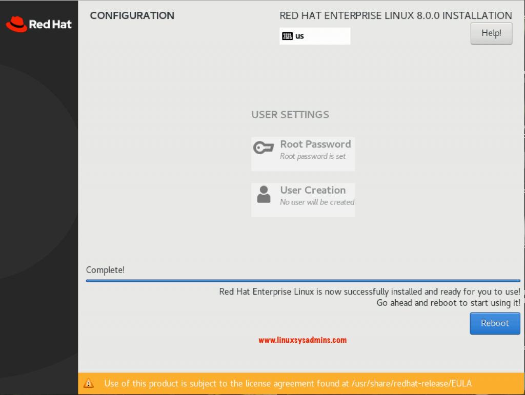 Click Reboot to complete the RHEL 8 Installation