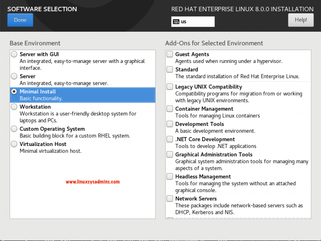 software selection for RHEL 8 Installation