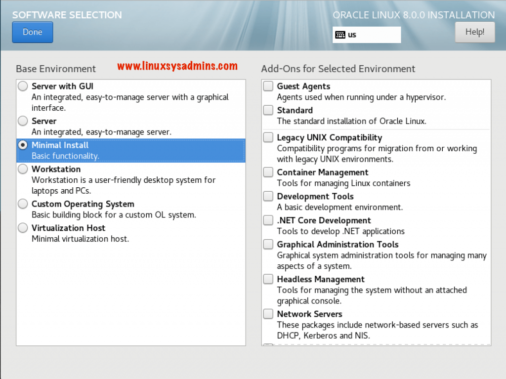 Oracle Linux 8 Installation software selection