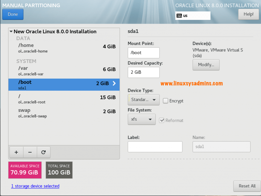 Boot Disk type and file system for Oracle Linux 8