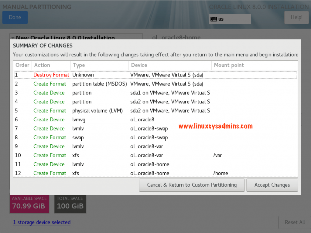 Making changes to Partition during Oracle Linux 8 Installation