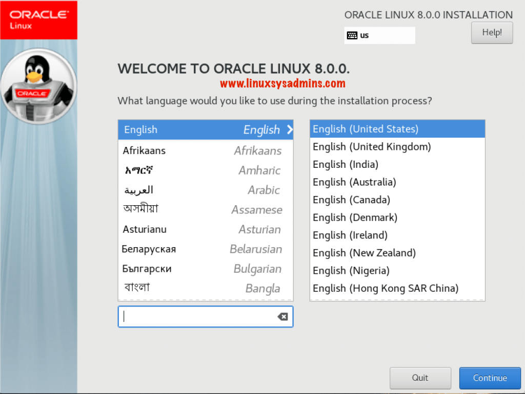 Oracle Linux 8 Installation Language selection Screen