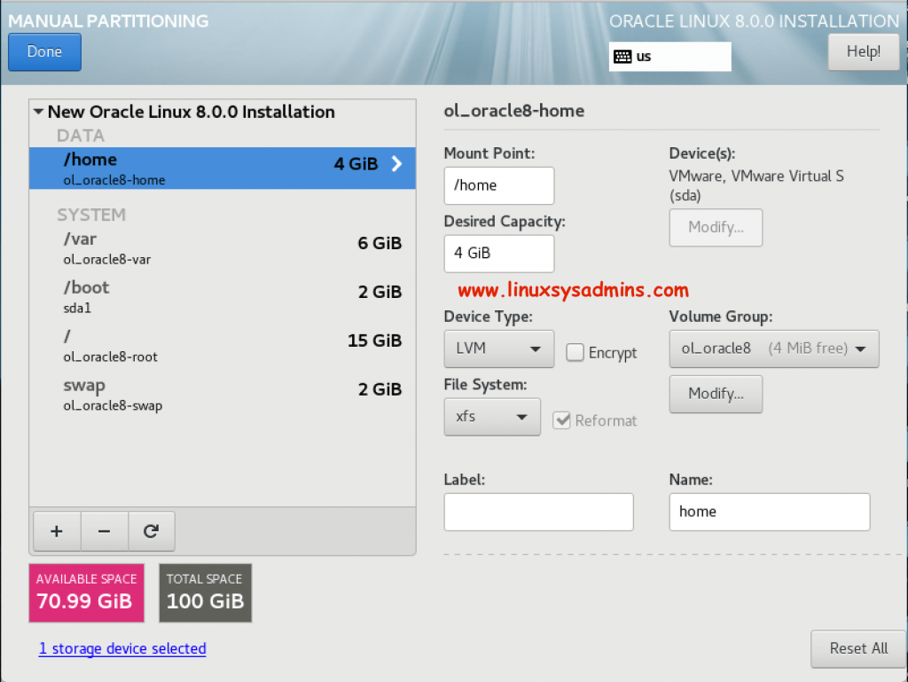 Partition type and file system for remaining mounts during Oracle Linux 8 Installation