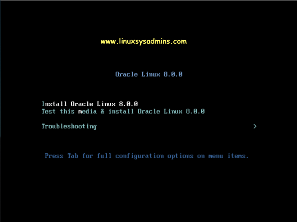 Oracle Linux 8 Installation start Screen