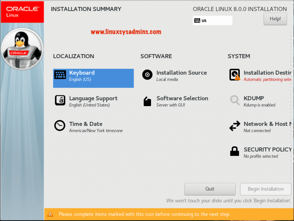 Oracle Linux 8 Installation Summary selection