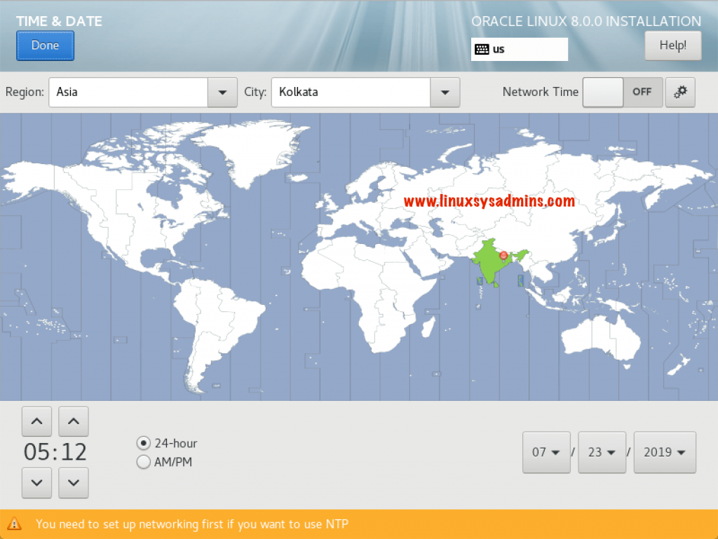 Oracle Linux 8 Installation Timezone Selection