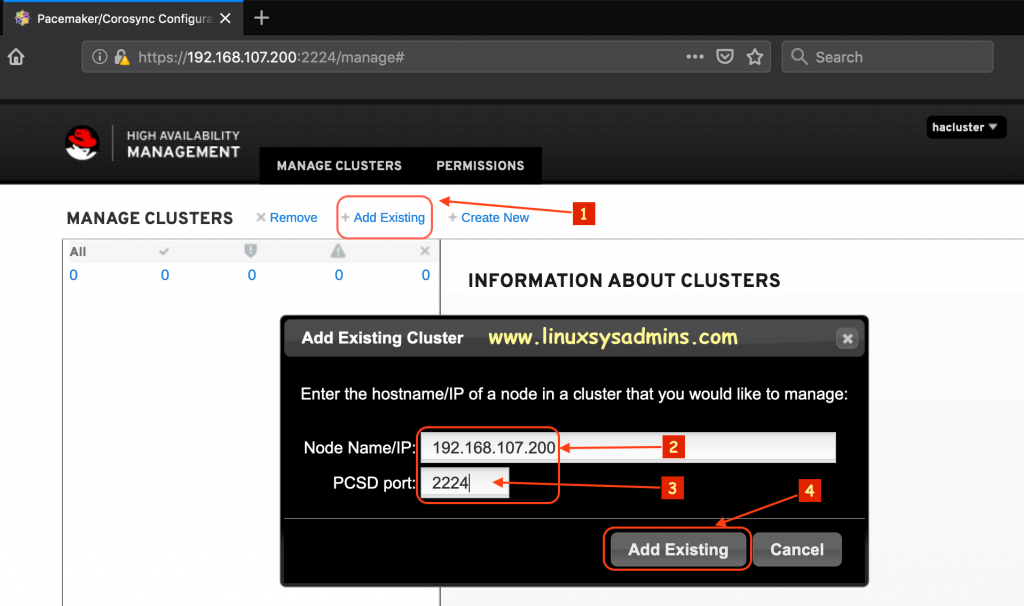 Add Pacemaker cluster with Hostname/IP and Port