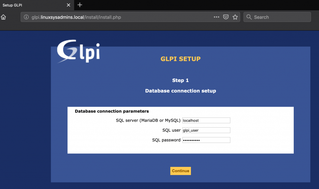 GLPI Asset Management Database Connection setup