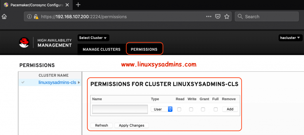 Pacemaker Web UI and Permission on Cluster