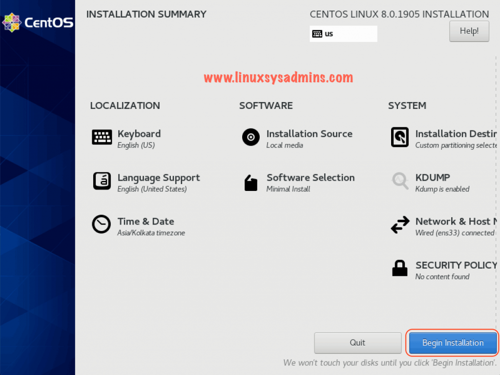 Finalised Installation summary of CentOS Linux 8