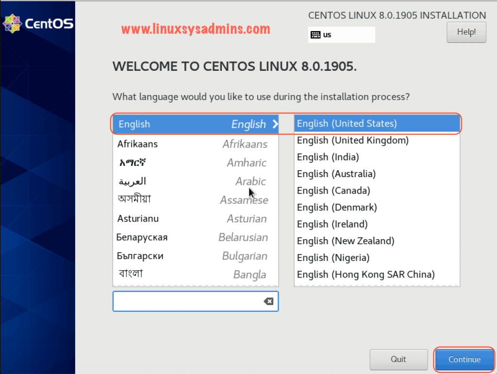 Language for Installation of CentOS Linux 8