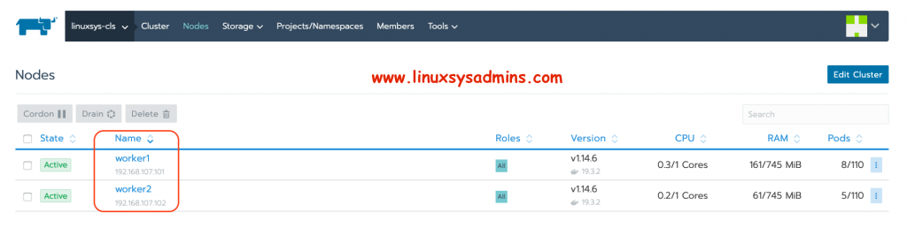 Node details of Kubernetes cluster