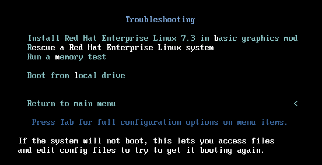 RHEL Rescue boot screen menu