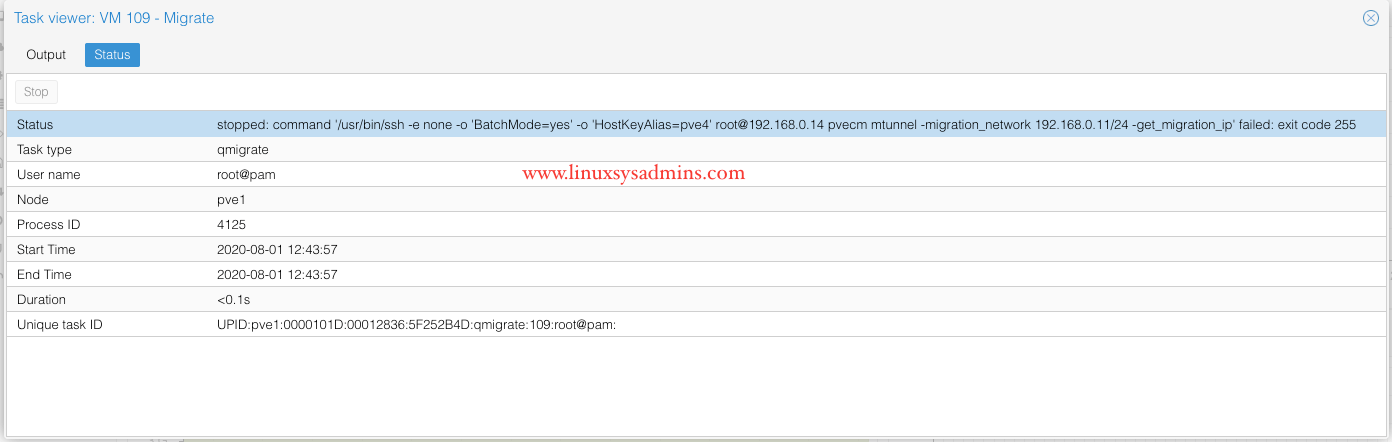Proxmox VM migration Permission denied Status Tab