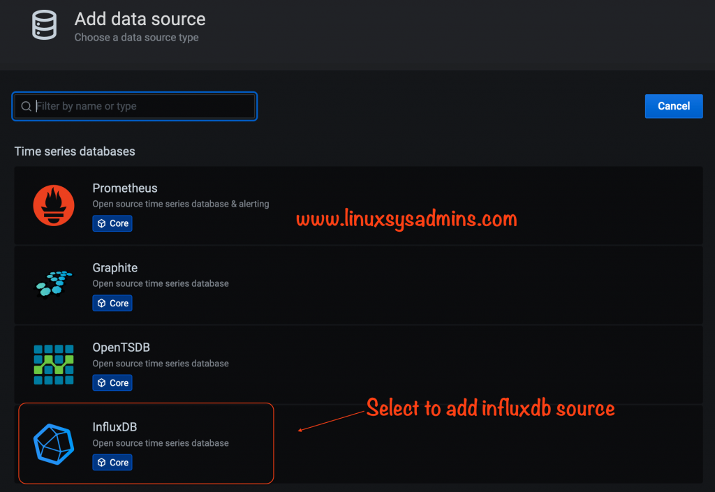 Select influxdb as sources
