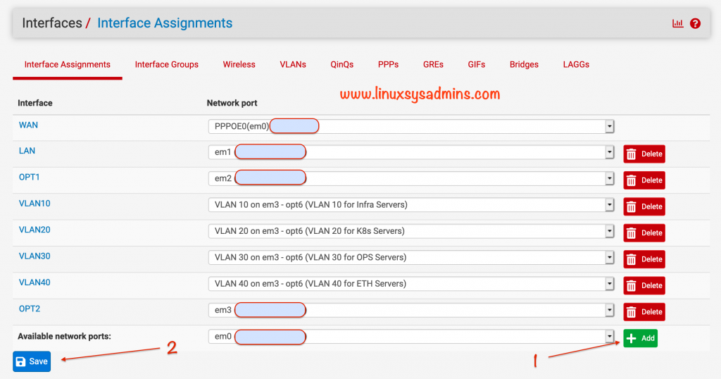 Interface assignments for VLAN in pfSense