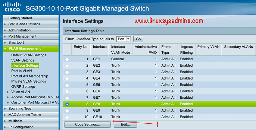 VLAN interface settings mode