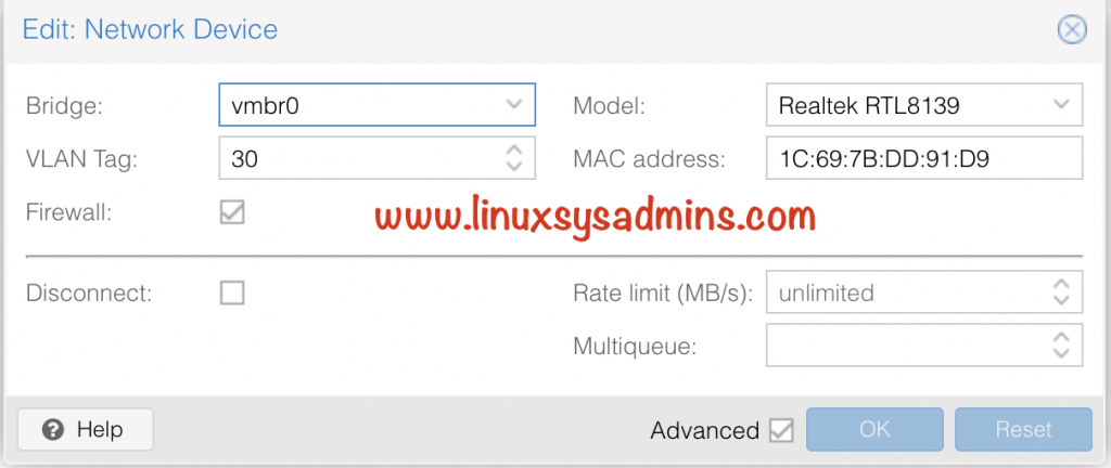 Interface config for VLAN tagging