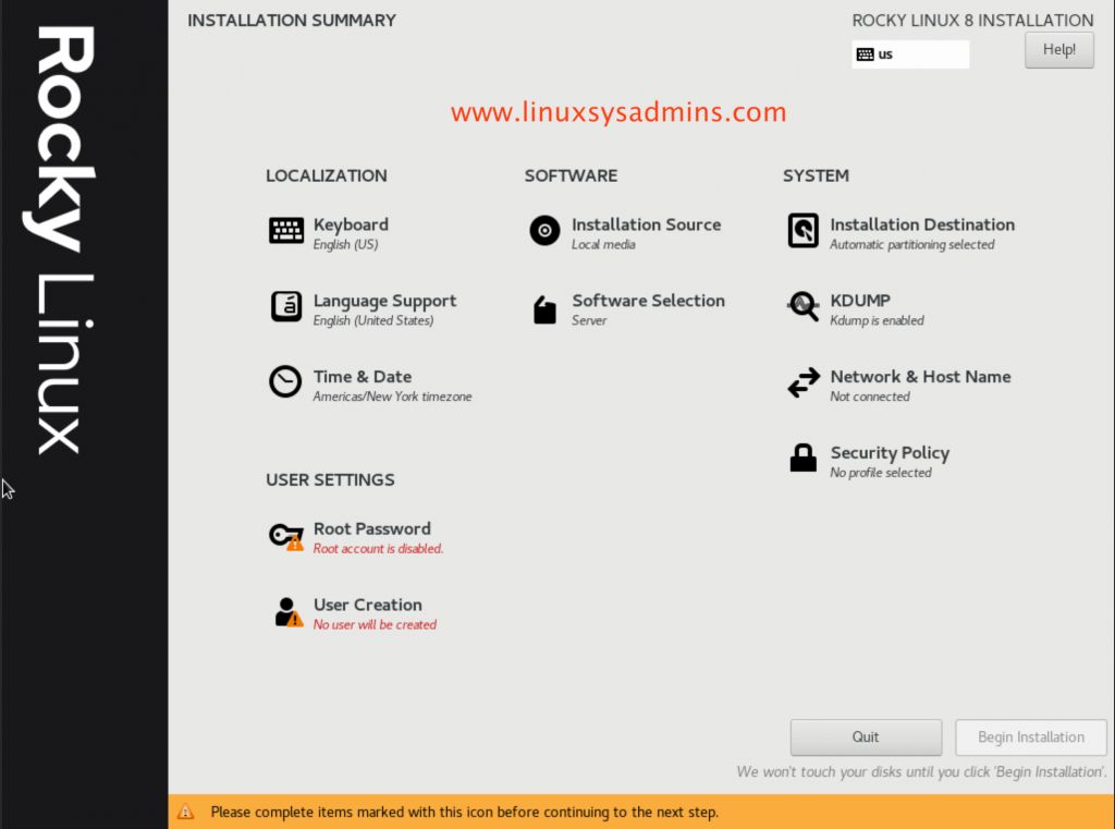 Installation summary Rocky Linux 8
