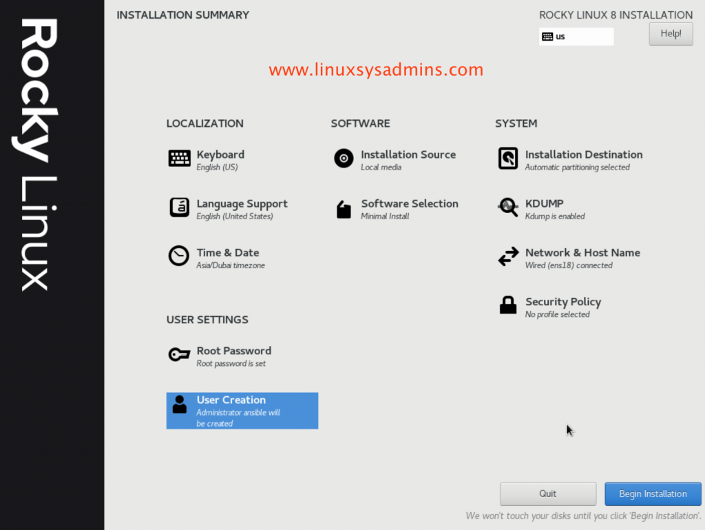 Installation summary Rocky Linux 8 after configuration
